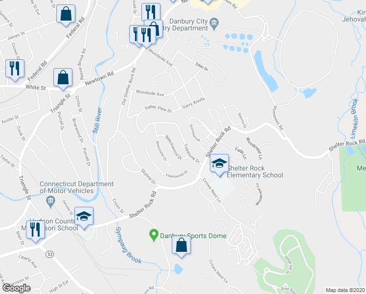 map of restaurants, bars, coffee shops, grocery stores, and more near 14 Beechwood Drive in Danbury