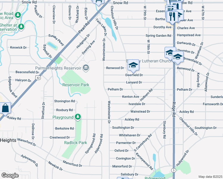 map of restaurants, bars, coffee shops, grocery stores, and more near 8427 Pelham Drive in Parma