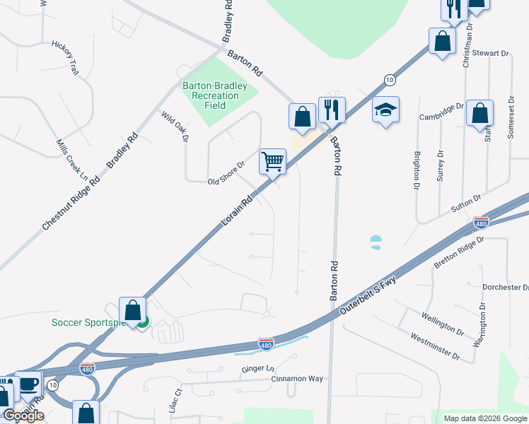 map of restaurants, bars, coffee shops, grocery stores, and more near 6531 Wedgewood Drive in North Olmsted