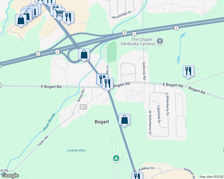 map of restaurants, bars, coffee shops, grocery stores, and more near 6205 Milan Road in Sandusky