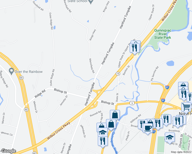 map of restaurants, bars, coffee shops, grocery stores, and more near 1535 Hartford Turnpike in North Haven