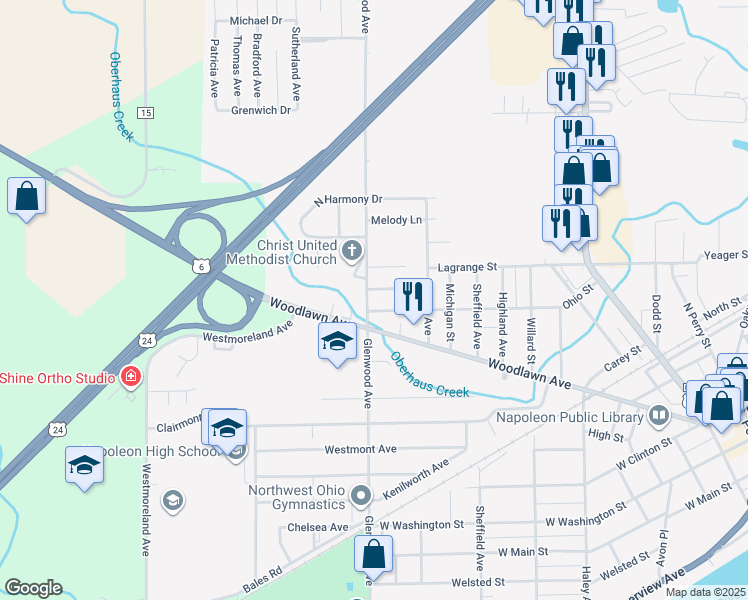 map of restaurants, bars, coffee shops, grocery stores, and more near 1114 Glenwood Avenue in Napoleon