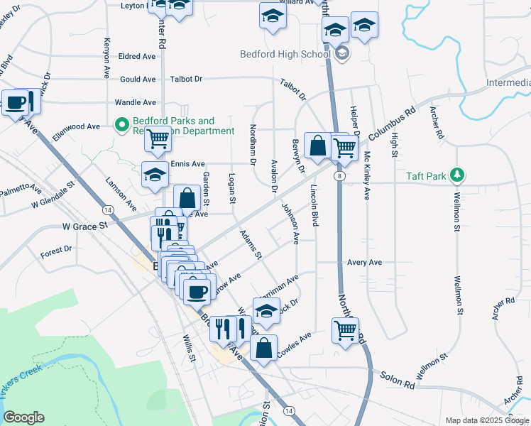 map of restaurants, bars, coffee shops, grocery stores, and more near 194 Columbus Road in Bedford