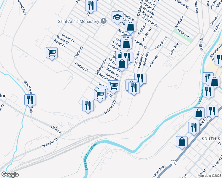 map of restaurants, bars, coffee shops, grocery stores, and more near 1114 Loomis Avenue in Scranton