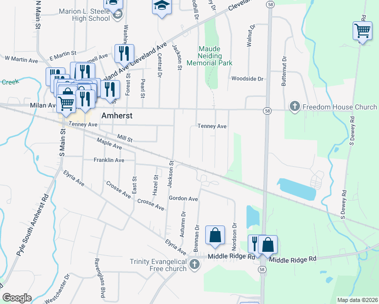 map of restaurants, bars, coffee shops, grocery stores, and more near 360 Henry Street in Amherst