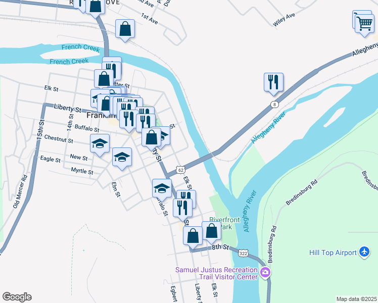 map of restaurants, bars, coffee shops, grocery stores, and more near 201 11th St in Franklin