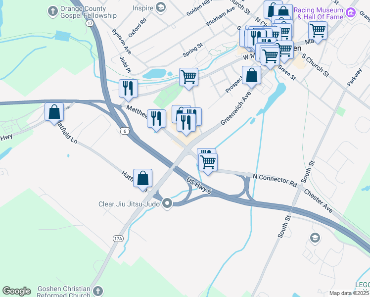 map of restaurants, bars, coffee shops, grocery stores, and more near 16 North Connector Road in Goshen