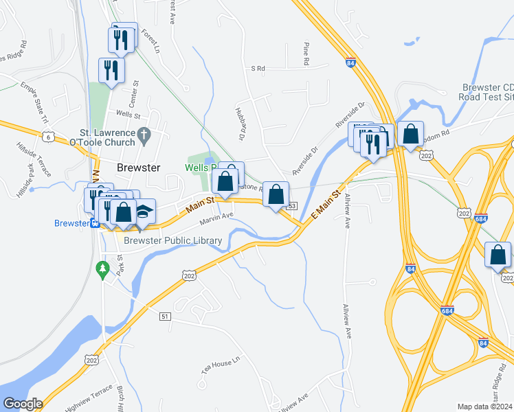 map of restaurants, bars, coffee shops, grocery stores, and more near 155 Main Street in Brewster