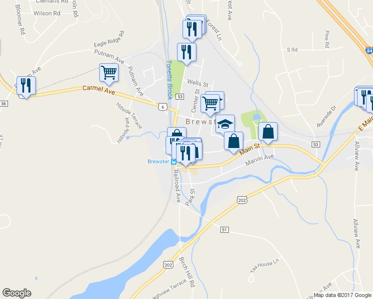 map of restaurants, bars, coffee shops, grocery stores, and more near 10 Hoyt Street in Brewster