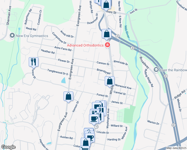 map of restaurants, bars, coffee shops, grocery stores, and more near 27 Pelham Avenue in Hamden