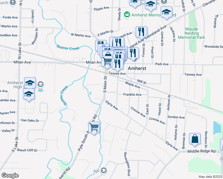 map of restaurants, bars, coffee shops, grocery stores, and more near 474 Church Street in Amherst