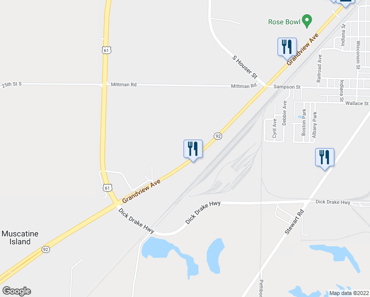 map of restaurants, bars, coffee shops, grocery stores, and more near 2107 Grandview Avenue in Muscatine