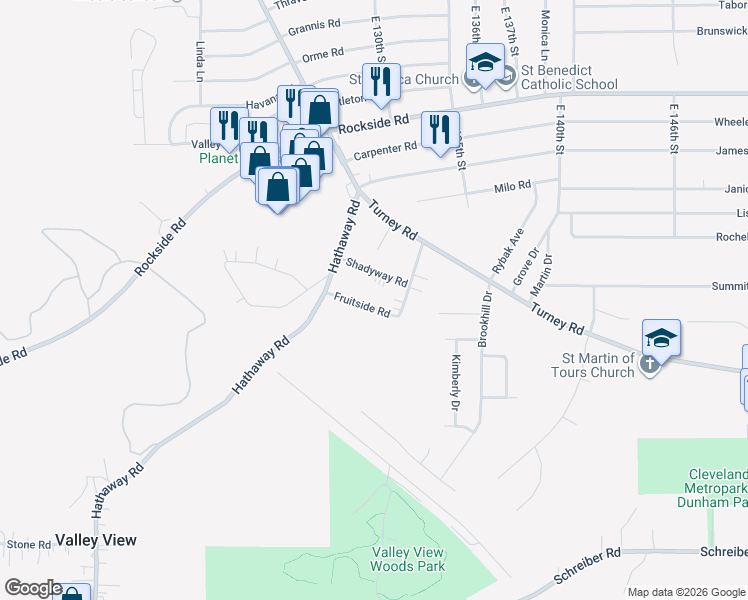 map of restaurants, bars, coffee shops, grocery stores, and more near 12921 Fruitside Road in Garfield Heights