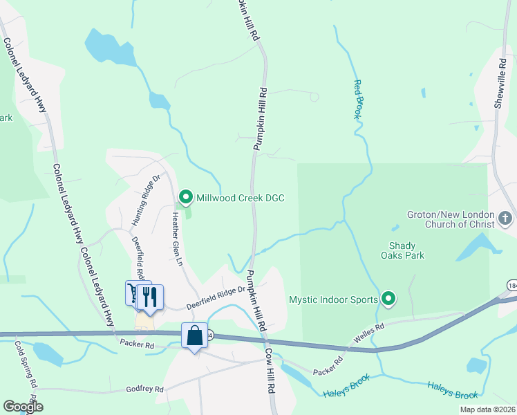map of restaurants, bars, coffee shops, grocery stores, and more near 226 Pumpkin Hill Road in Groton