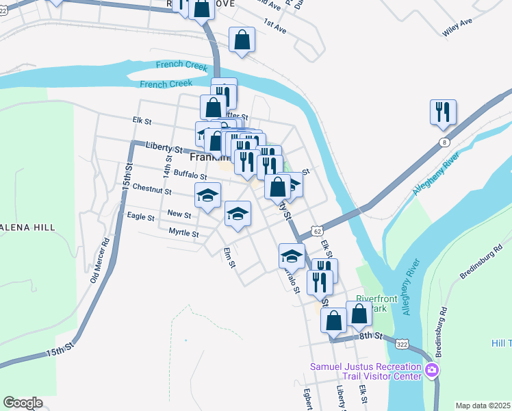 map of restaurants, bars, coffee shops, grocery stores, and more near 1129 Buffalo Street in Franklin
