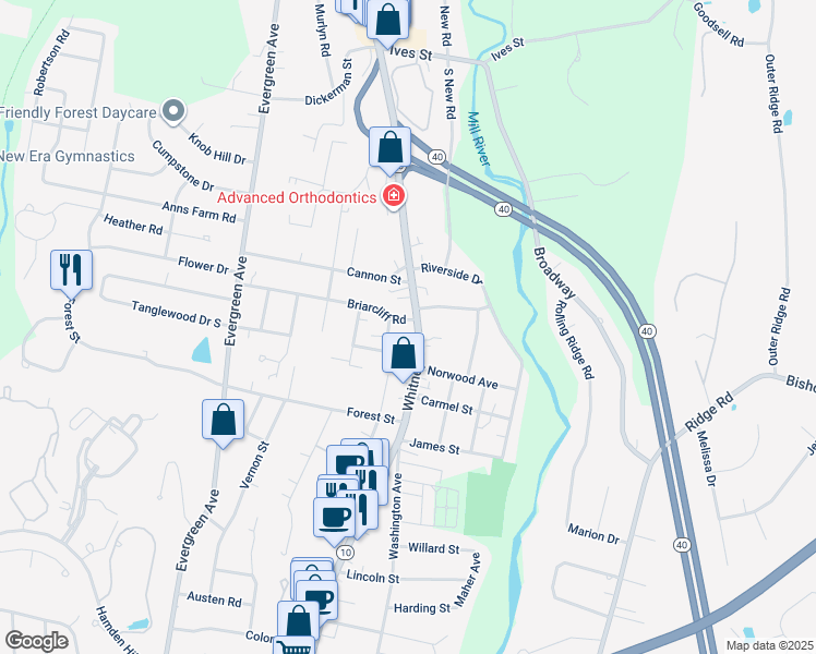 map of restaurants, bars, coffee shops, grocery stores, and more near 2736 Whitney Avenue in Hamden