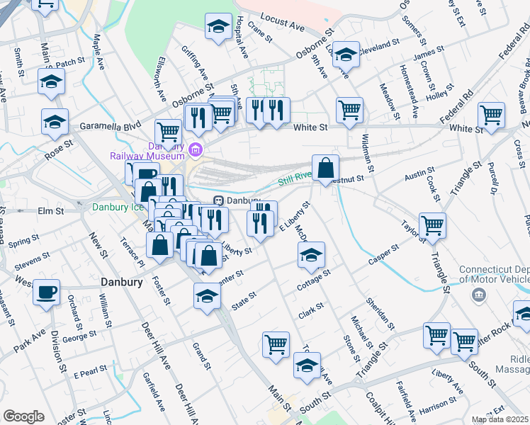 map of restaurants, bars, coffee shops, grocery stores, and more near 34 Pahquioque Avenue in Danbury