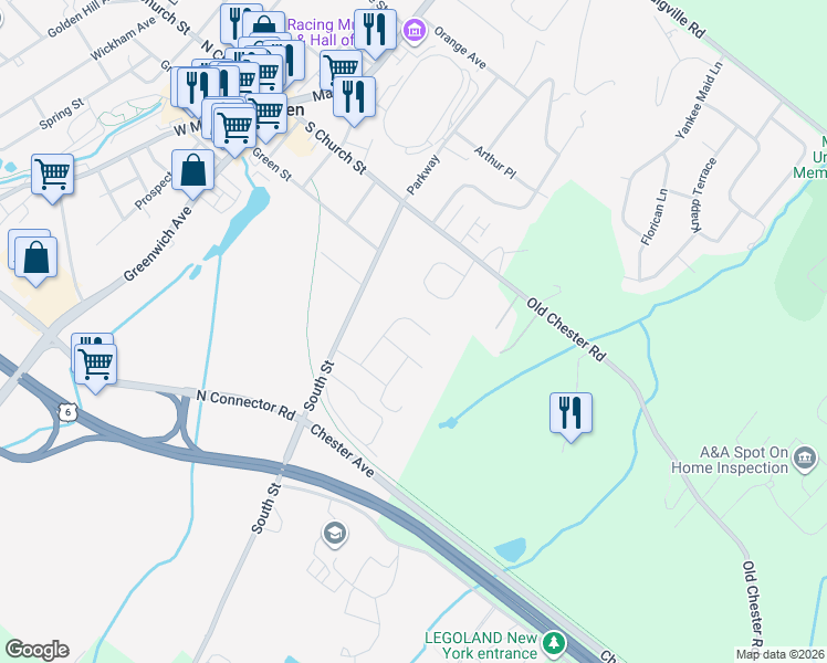 map of restaurants, bars, coffee shops, grocery stores, and more near 14 Robalene Drive in Goshen