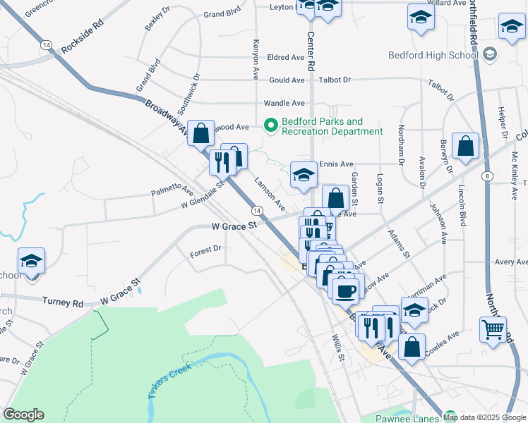 map of restaurants, bars, coffee shops, grocery stores, and more near 521 Broadway Avenue in Bedford