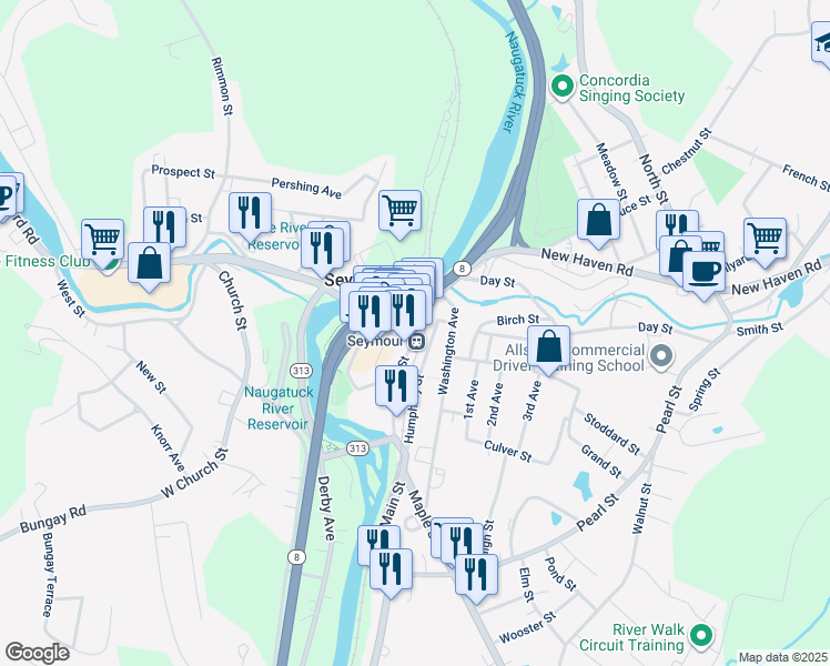map of restaurants, bars, coffee shops, grocery stores, and more near 150 Main Street in Seymour