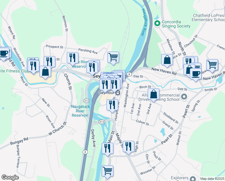 map of restaurants, bars, coffee shops, grocery stores, and more near 12 Ridge Street in Seymour