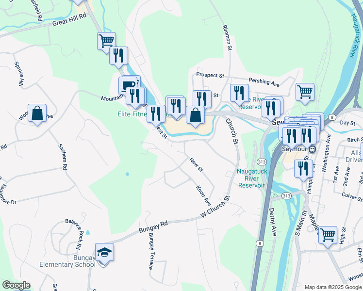 map of restaurants, bars, coffee shops, grocery stores, and more near 79 New Street in Seymour