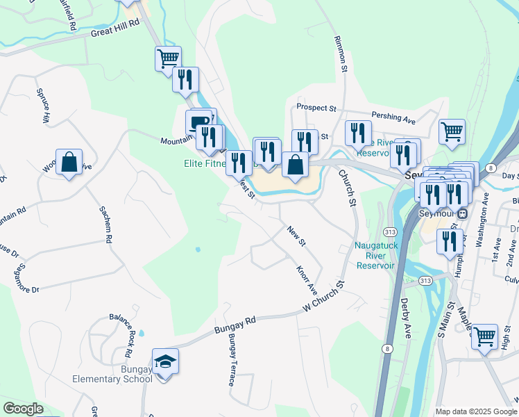 map of restaurants, bars, coffee shops, grocery stores, and more near 79 New Street in Seymour