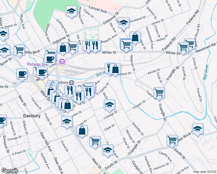 map of restaurants, bars, coffee shops, grocery stores, and more near 88 Sheridan Street in Danbury