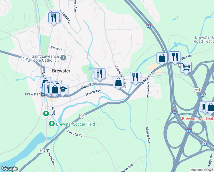 map of restaurants, bars, coffee shops, grocery stores, and more near 155 Main Street in Brewster