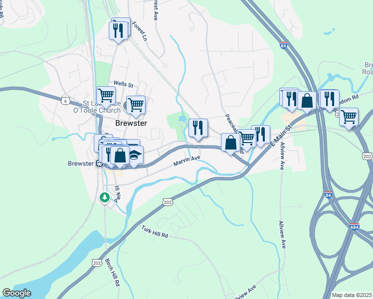 map of restaurants, bars, coffee shops, grocery stores, and more near 72 Marvin Avenue in Brewster
