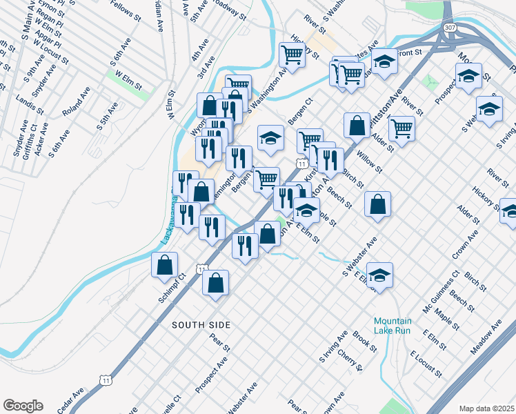 map of restaurants, bars, coffee shops, grocery stores, and more near 1126 Cedar Avenue in Scranton