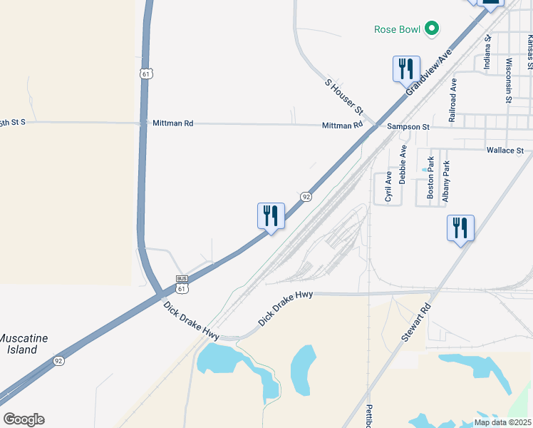 map of restaurants, bars, coffee shops, grocery stores, and more near 2107 Grandview Avenue in Muscatine