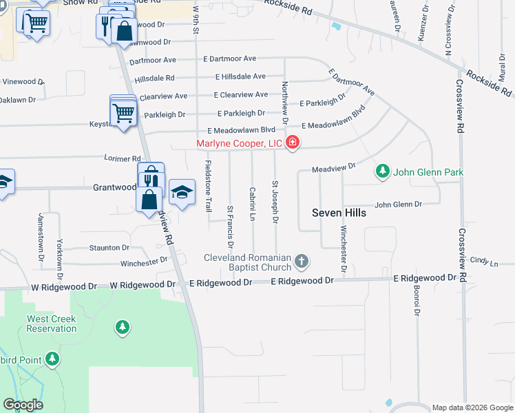 map of restaurants, bars, coffee shops, grocery stores, and more near 6189 Cabrini Lane in Seven Hills