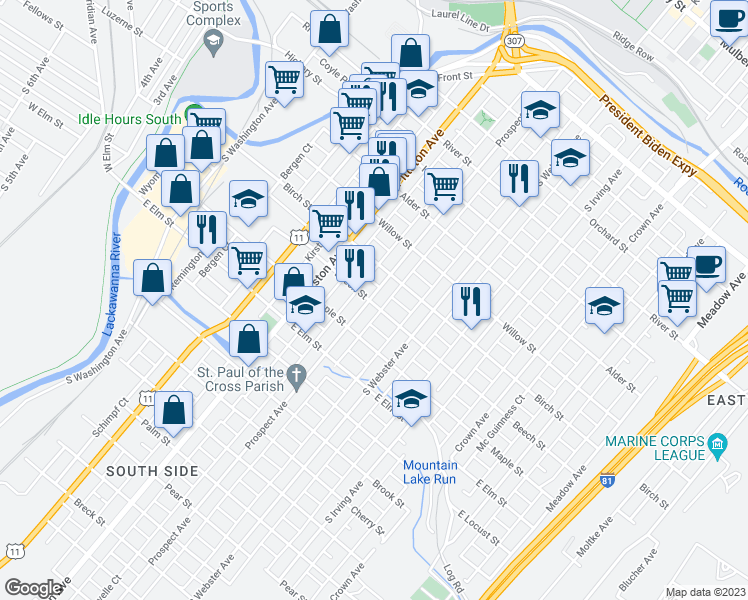 map of restaurants, bars, coffee shops, grocery stores, and more near 831 Prospect Avenue in Scranton