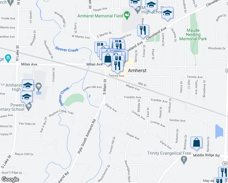 map of restaurants, bars, coffee shops, grocery stores, and more near 474 Church Street in Amherst