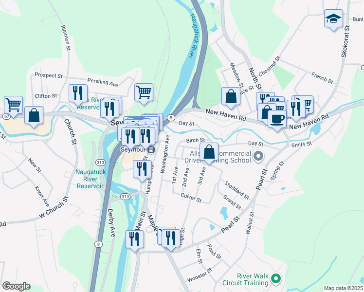 map of restaurants, bars, coffee shops, grocery stores, and more near 21 Sanford Street in Seymour