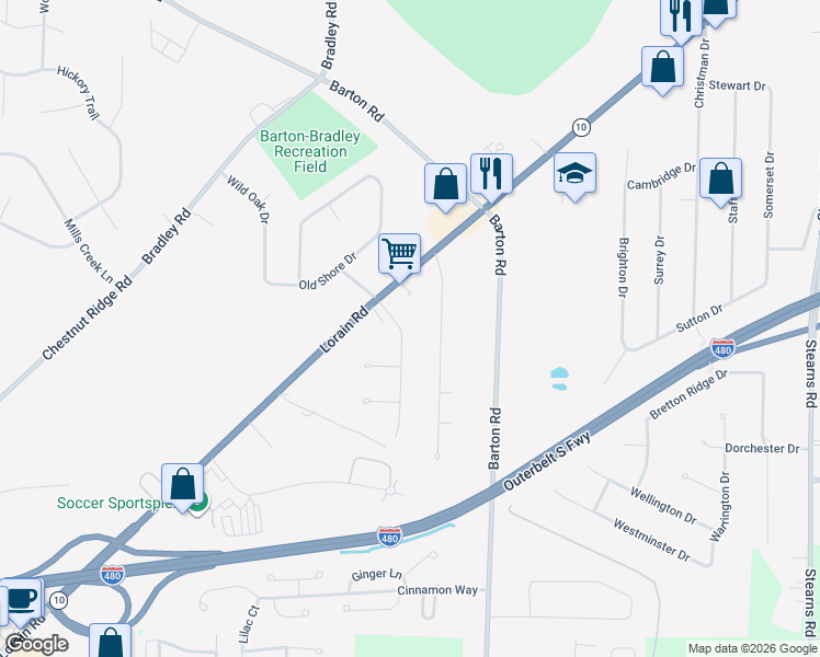map of restaurants, bars, coffee shops, grocery stores, and more near 6531 Wedgewood Drive in North Olmsted