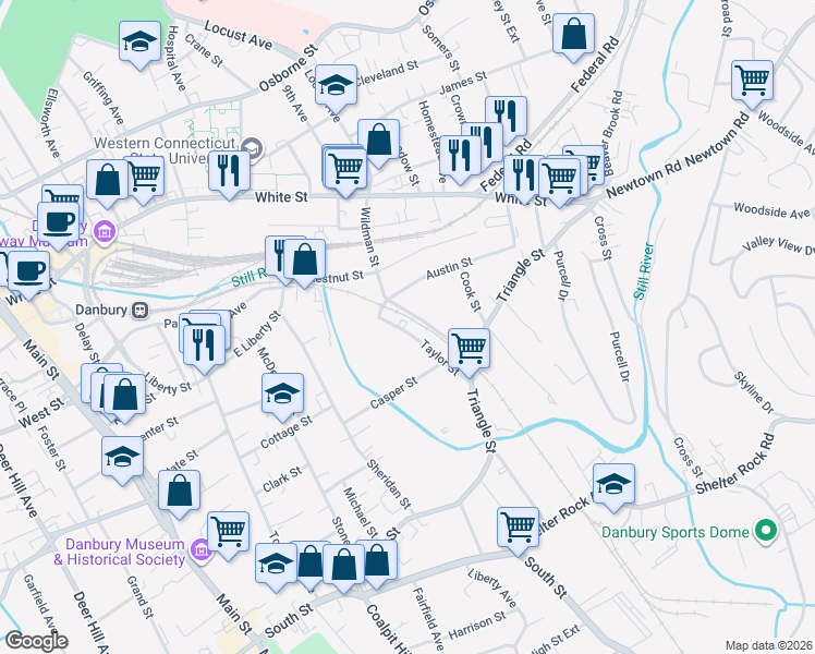 map of restaurants, bars, coffee shops, grocery stores, and more near 17 Taylor Street in Danbury