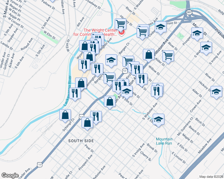 map of restaurants, bars, coffee shops, grocery stores, and more near 1101 Cedar Avenue in Scranton