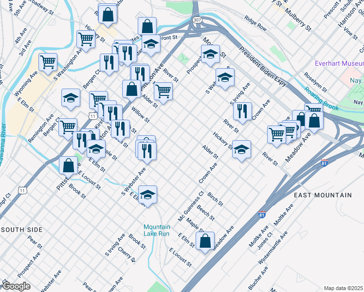 map of restaurants, bars, coffee shops, grocery stores, and more near 731 Willow Street in Scranton
