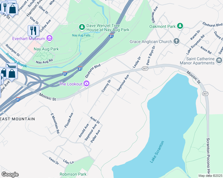 map of restaurants, bars, coffee shops, grocery stores, and more near 106 Grand Avenue in Scranton