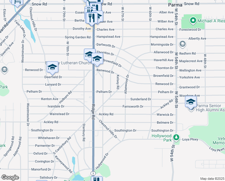 map of restaurants, bars, coffee shops, grocery stores, and more near 6820 Pelham Drive in Parma