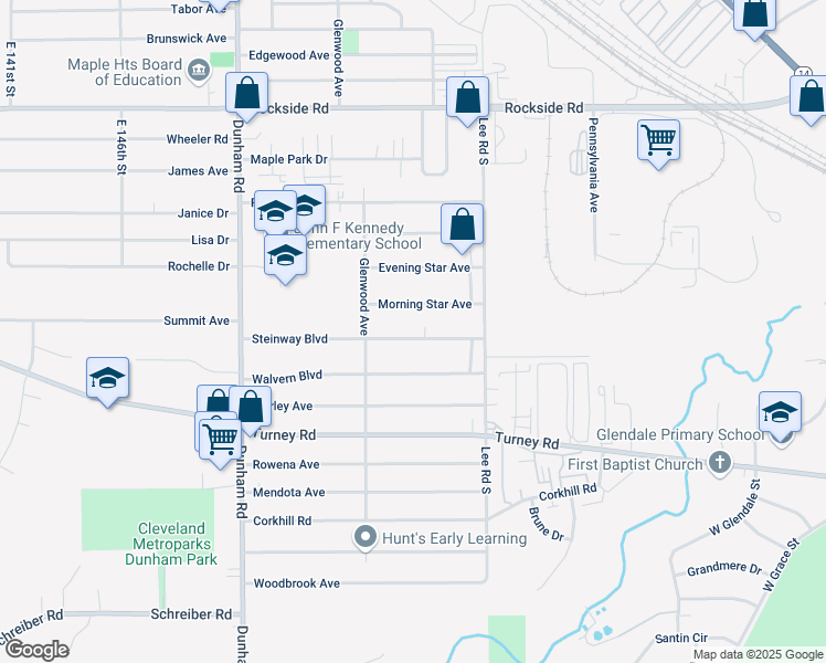 map of restaurants, bars, coffee shops, grocery stores, and more near 15817 Steinway Boulevard in Maple Heights