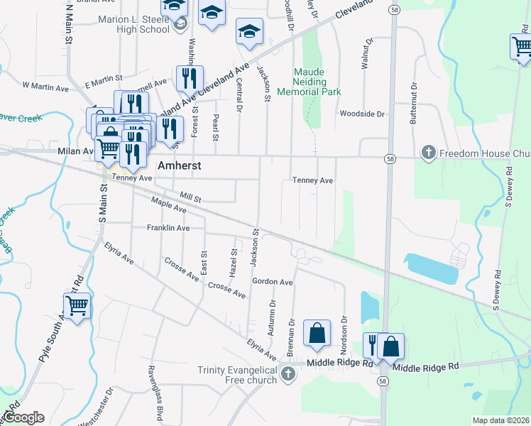 map of restaurants, bars, coffee shops, grocery stores, and more near 360 Henry Street in Amherst