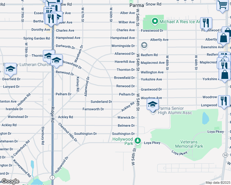 map of restaurants, bars, coffee shops, grocery stores, and more near 5814 Pelham Drive in Parma
