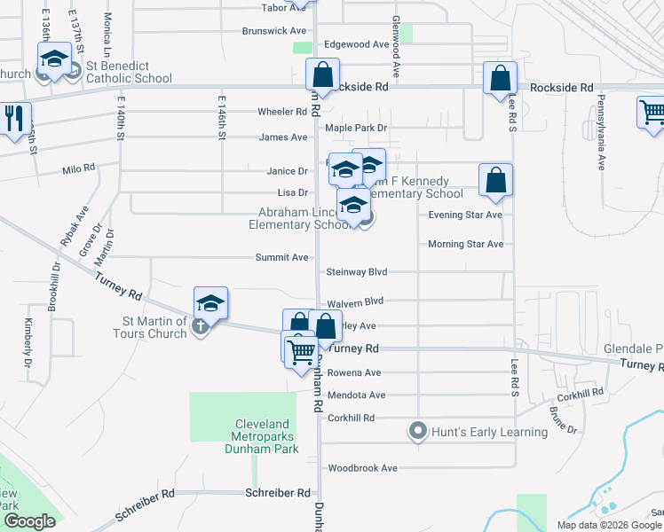 map of restaurants, bars, coffee shops, grocery stores, and more near 15215 Steinway Boulevard in Maple Heights