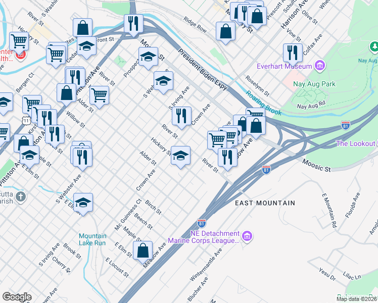 map of restaurants, bars, coffee shops, grocery stores, and more near 924 River Street in Scranton