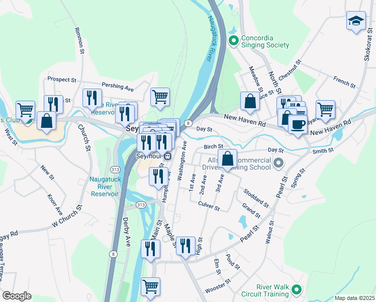map of restaurants, bars, coffee shops, grocery stores, and more near 132 Washington Avenue in Seymour