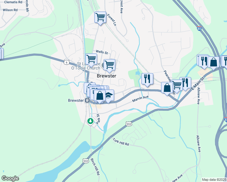 map of restaurants, bars, coffee shops, grocery stores, and more near 53 Oak Street in Brewster
