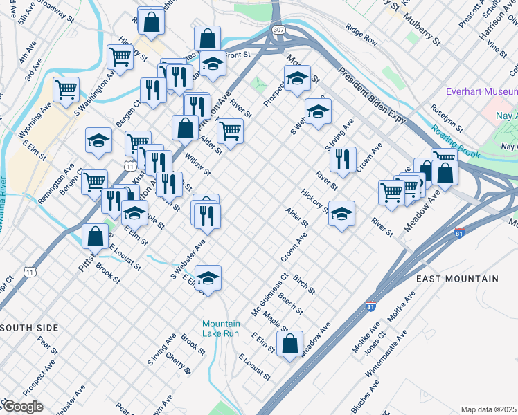 map of restaurants, bars, coffee shops, grocery stores, and more near 731 Willow Street in Scranton